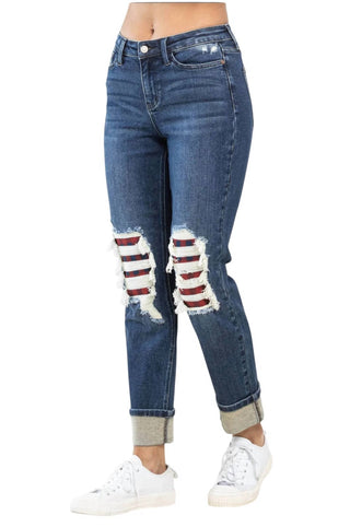 Judy Blue - Calça jeans boyfriend com corte xadrez Buffalo e comprimento até o joelho