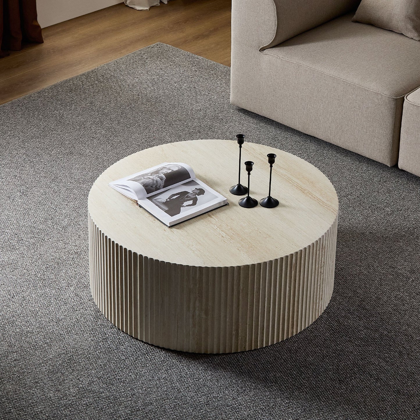Faux Travertine Round Coffee Table with Eye-Catching Relief Design