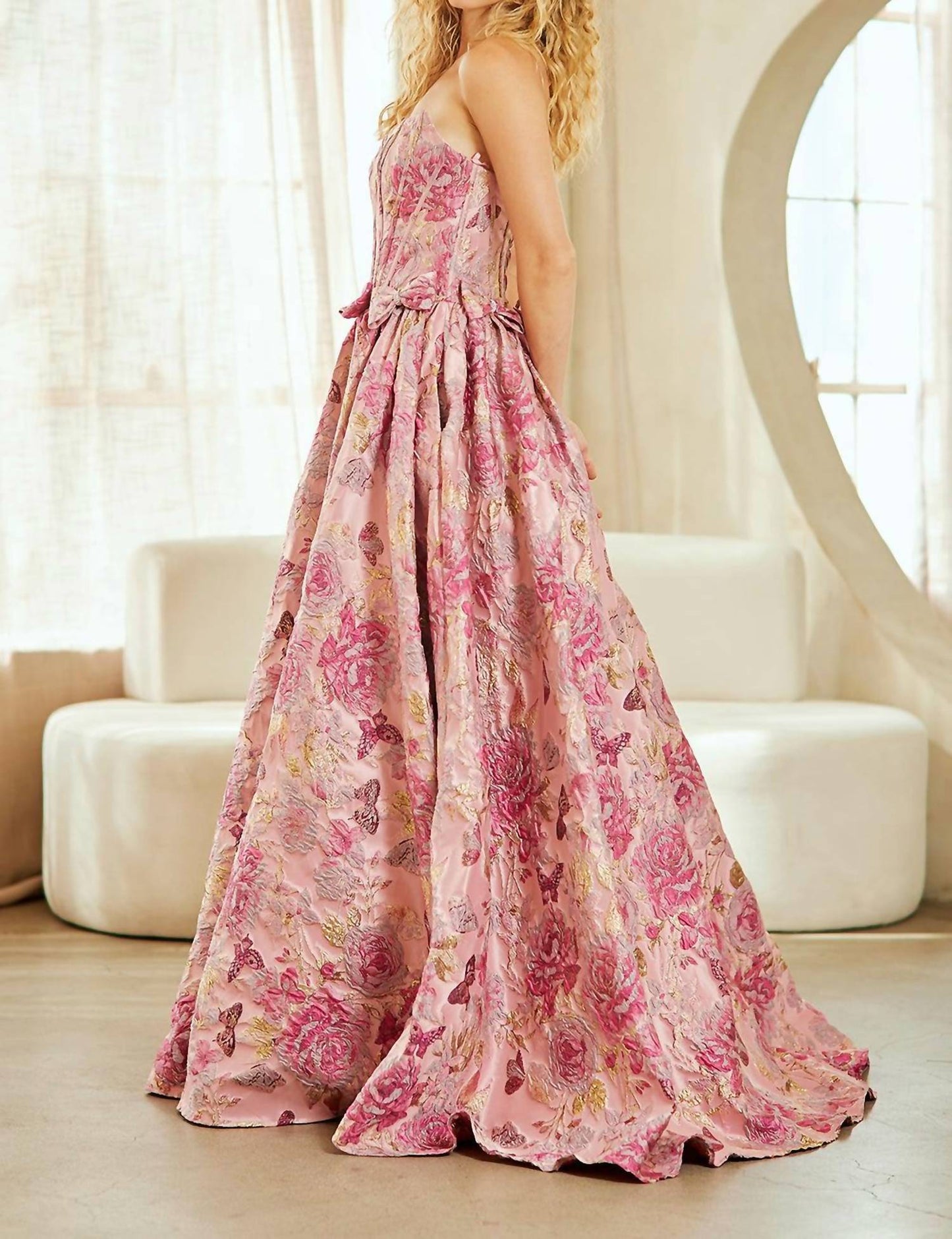Amelia Couture - Strapless Flower Bow Detail Prom Gown