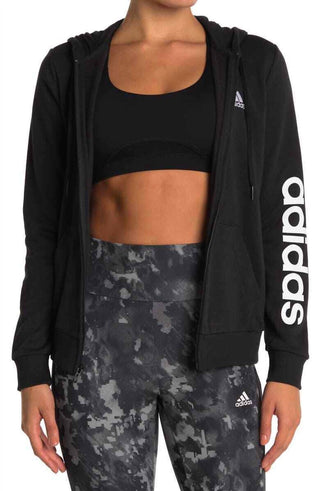 Adidas - Moletom com capuz feminino com zíper e logotipo linear essencial