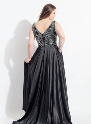 Rachel Allan - Beaded Stretch Satin Flowy Prom Gown