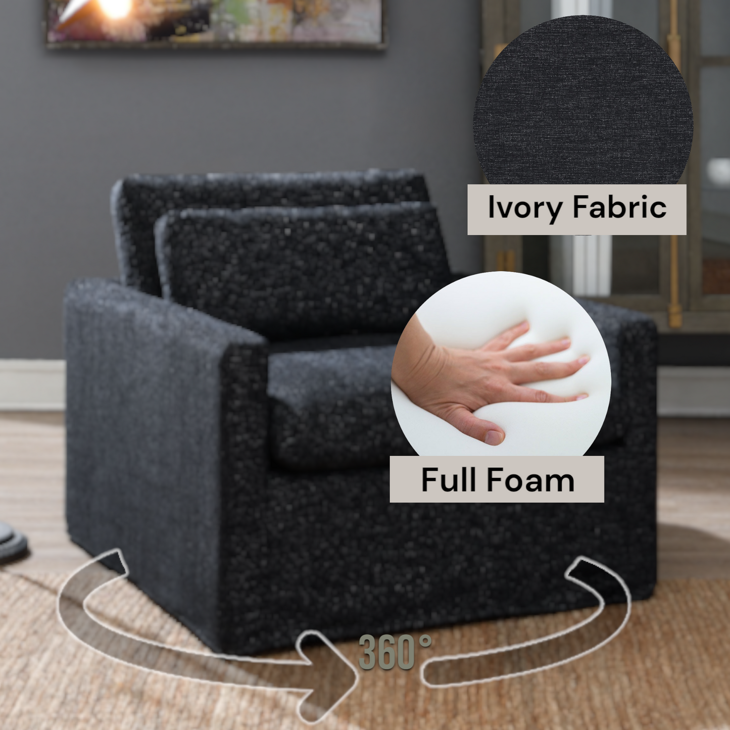 Frederick Dark Gray Fabric Swivel Chair with Pillow