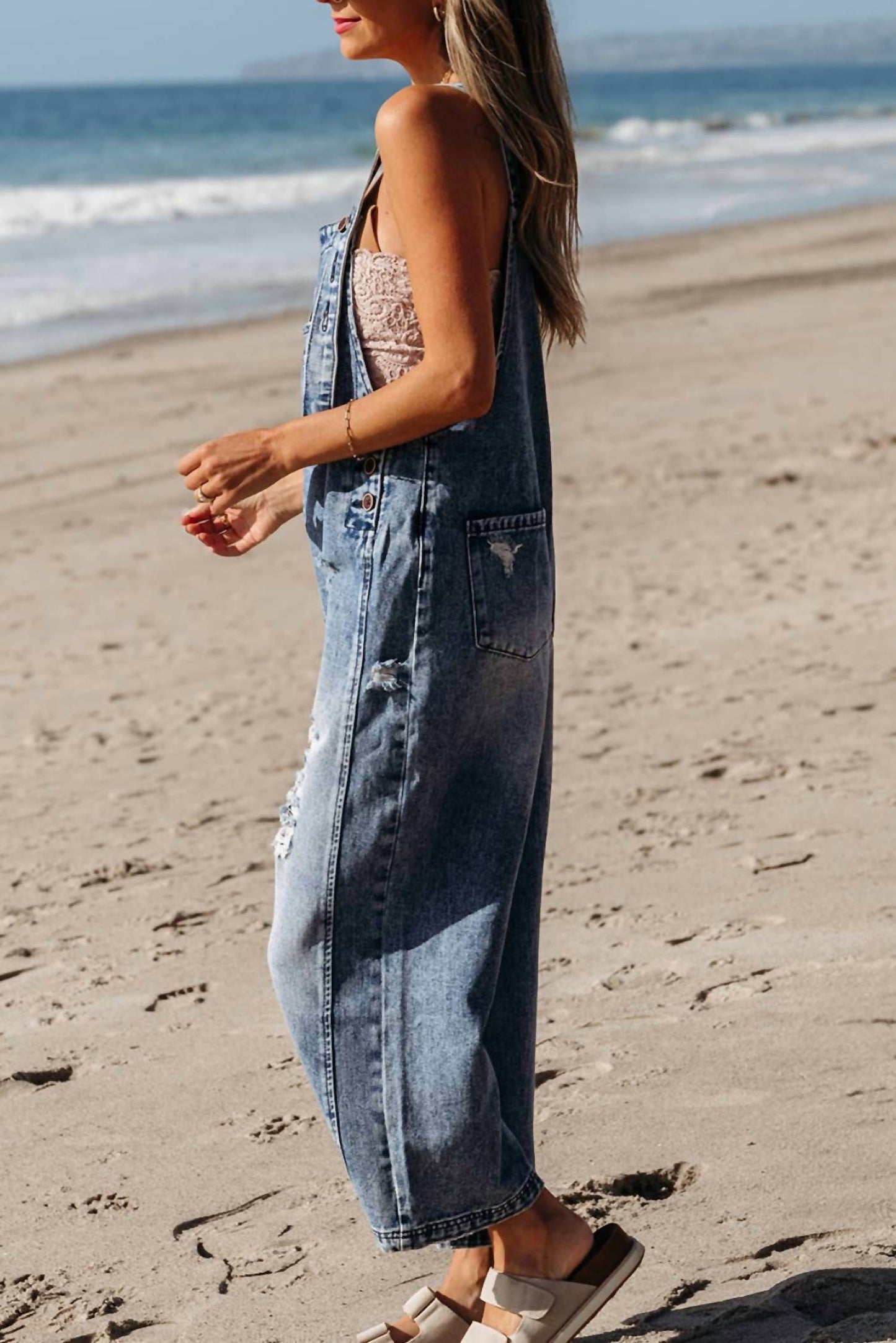 1 The Woman - Distressed Pocketed Wide Leg Capri Denim Overall