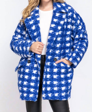 Active Usa - Double Breasted Check Print Boucle Fleece Coat