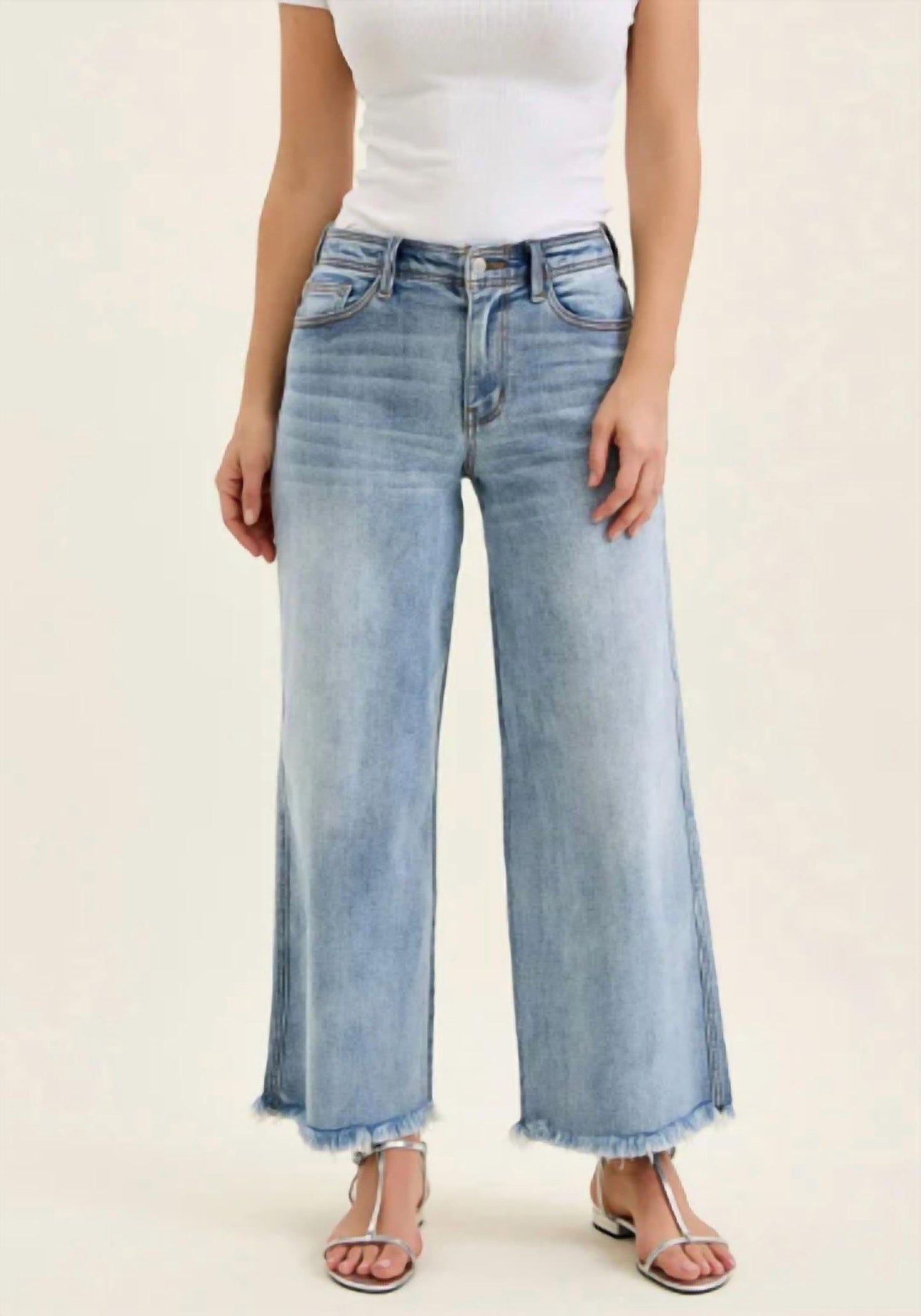 Judy Blue - Ankle Hollywood Waistband Fray Hem Wide Leg Jeans