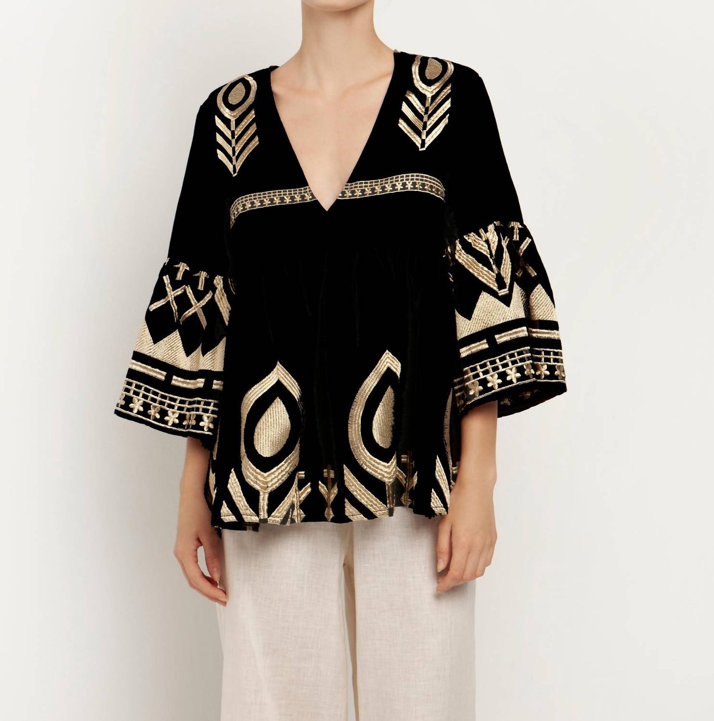 Greek Archaic Kori - Feather Long Sleeve V-Neck Shirt