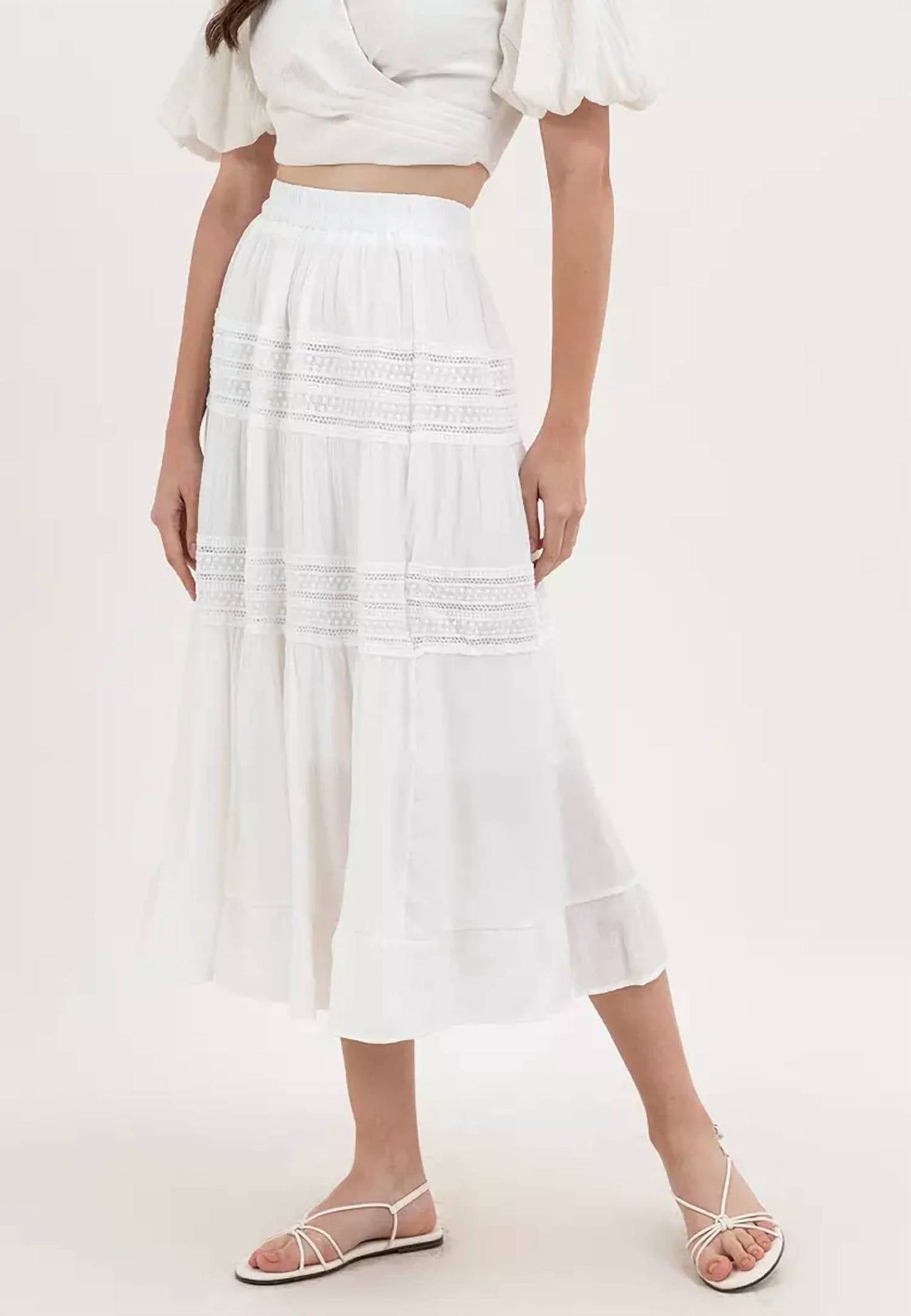 Adora - Cotton & Crochet Inset Elastic Waist Midi Skirt