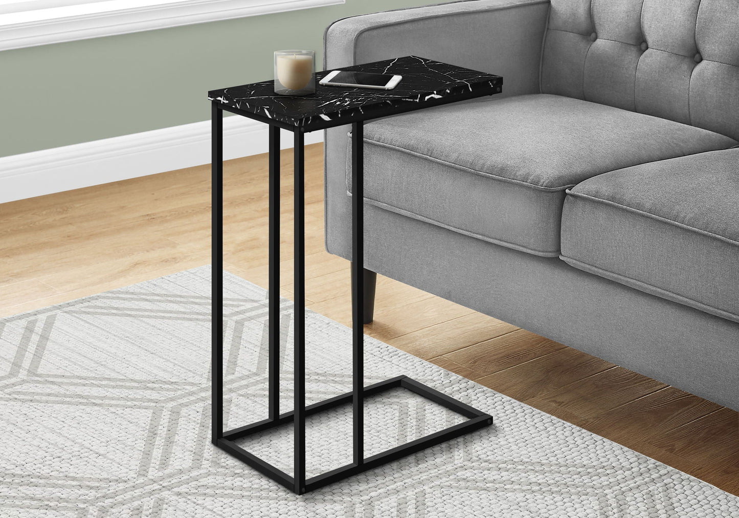 Accent Table, C-Shaped, Marble Look Modern Design - Black
