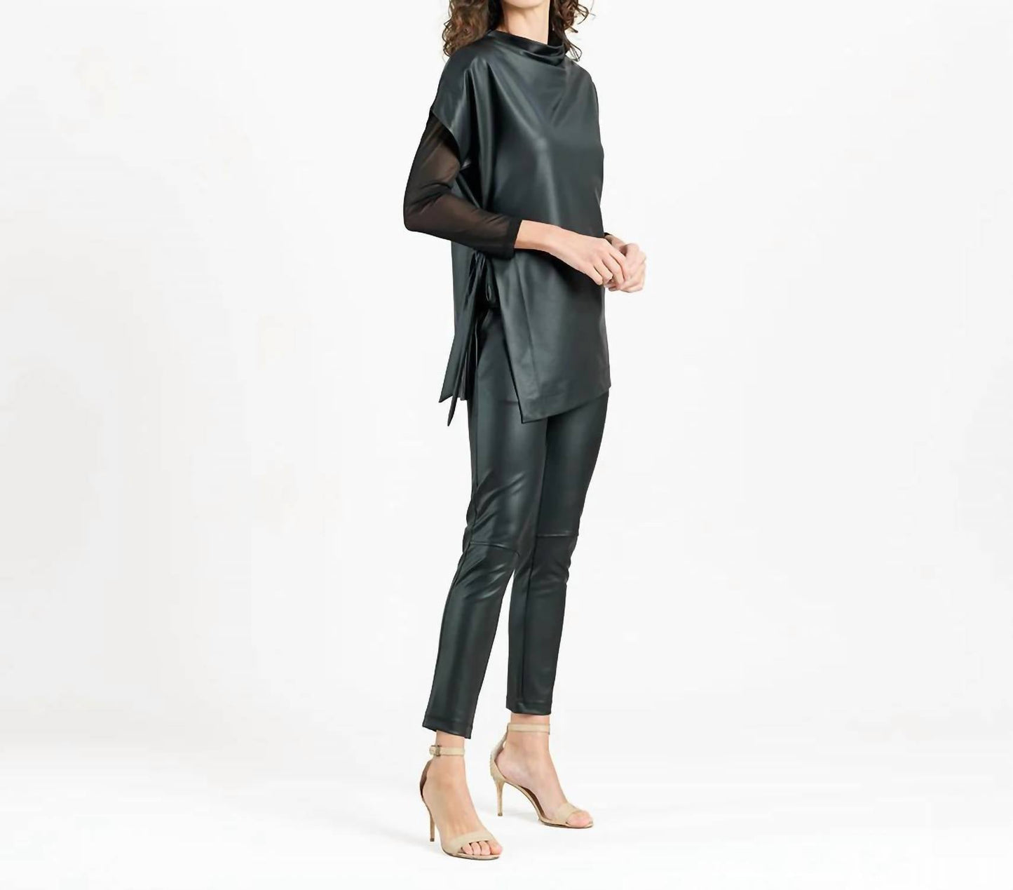Clara Sunwoo - Liquid Leather Funnel Neck Side Vent Tie Tunic