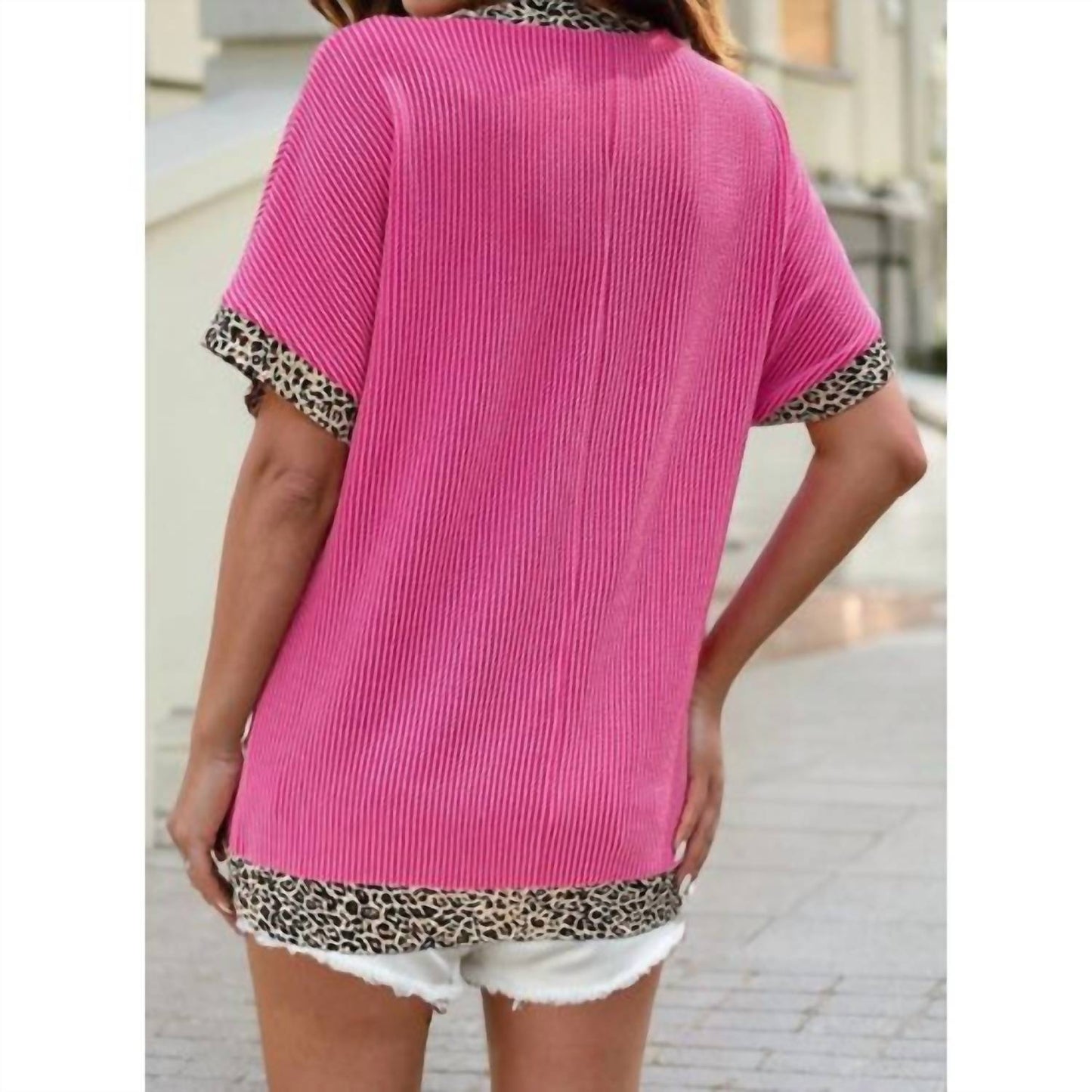1 The Woman - Leopard Trim V-neck Top