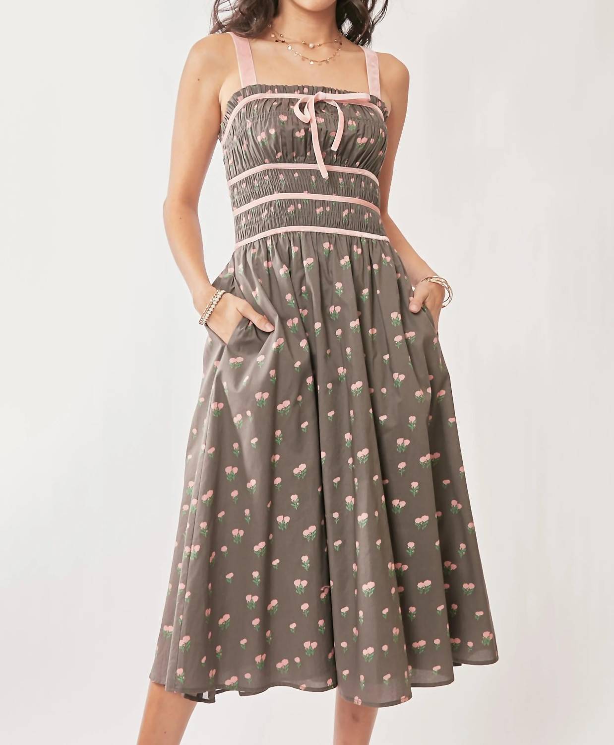 Trendsi - Davi & Dani Contrast Velvet Tape Smocking Bodice Midi Dress