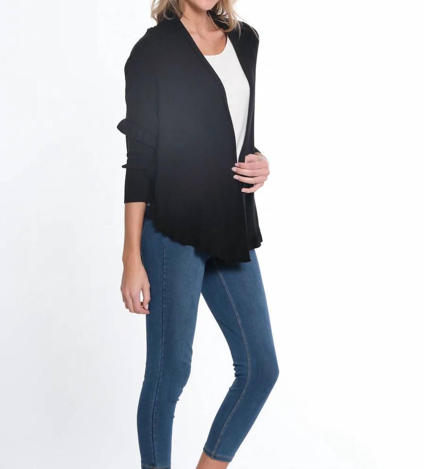 Multiples - 3/4 Sleeve Ruffle Hem Shawl Collar Sweater Cardigan