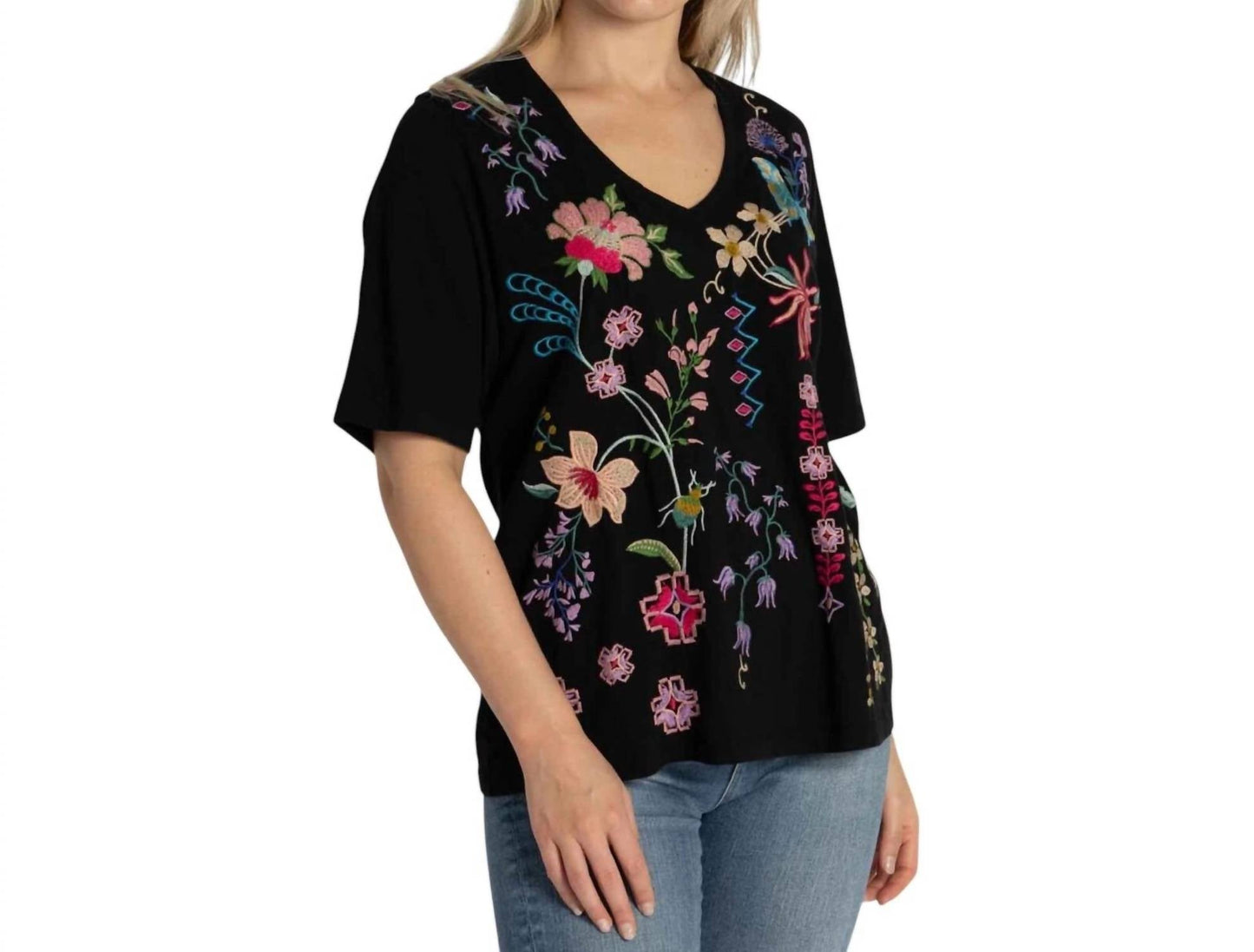 Johnny Was - Maureen 3/4 Sleeve Trapunto V-neck Tee