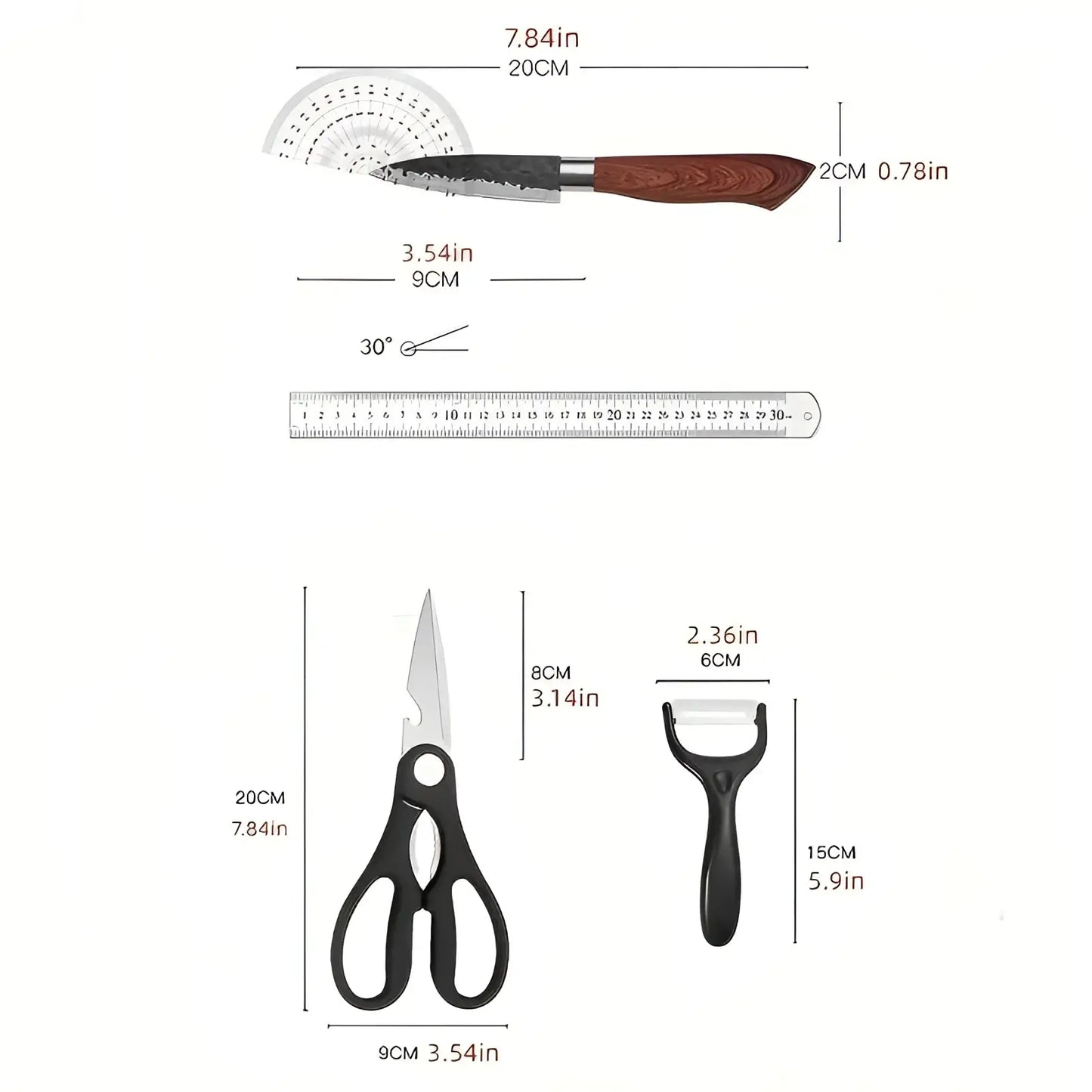 6 Piece Hammered Steel Kitchen Knife Set with Case