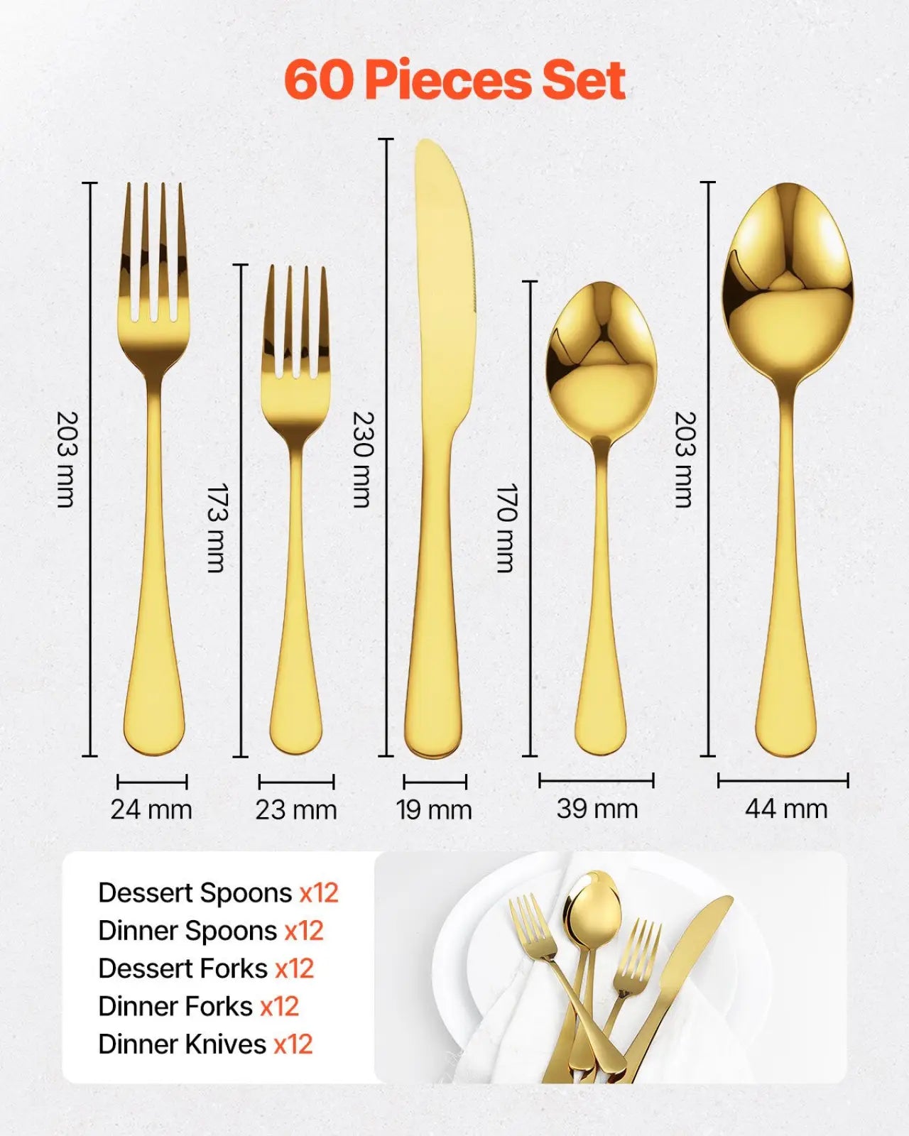 60 Piece Gold Stainless Steel Flatware Set for 12