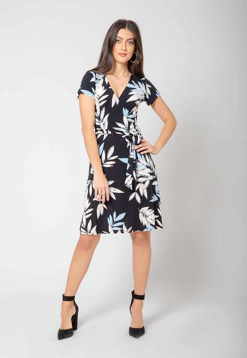 Vestido Leota Feminino Perfect Wrap Manga Curta Azul Folhas Pastel Tamanho Pequeno XX-Grande