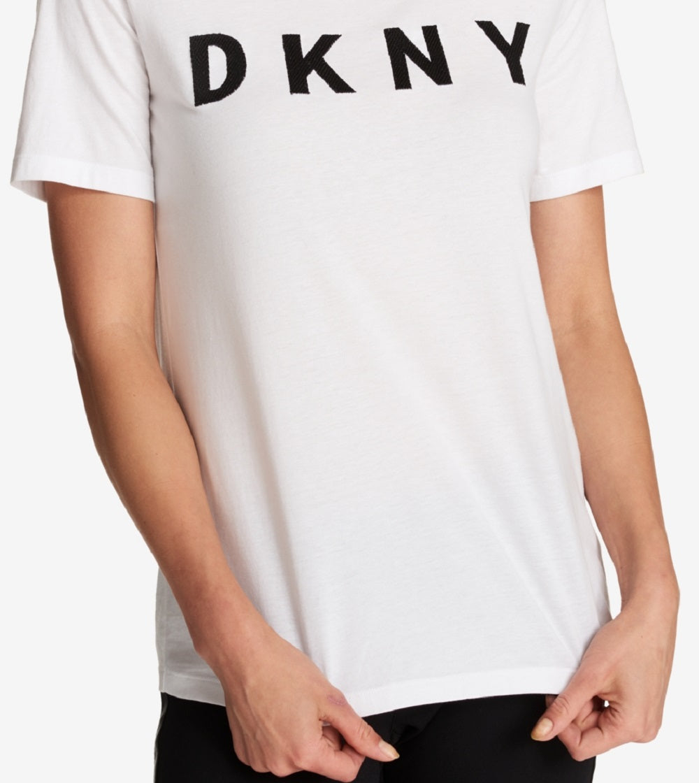 Camiseta feminina DKNY com estampa de logotipo em algodão, tamanho grande, branca