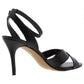 DKNY Sapatos femininos de couro com tira no tornozelo e bico aberto, pretos, tamanho 9
