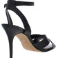 DKNY Sapatos femininos de couro com tira no tornozelo e bico aberto, pretos, tamanho 9