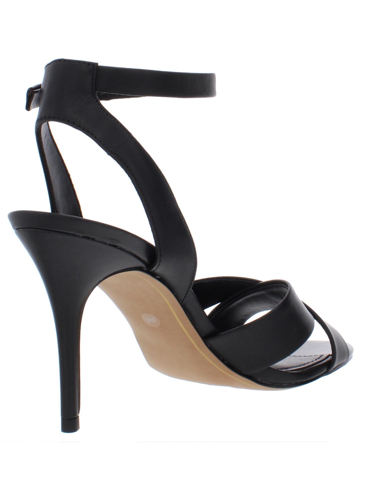 DKNY Sapatos femininos de couro com tira no tornozelo e bico aberto, pretos, tamanho 9