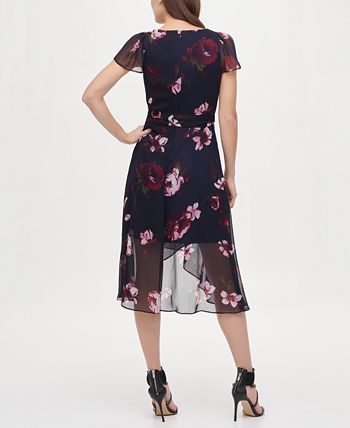 Blusa midi DKNY feminina com manga esvoaçante e decote em V, azul, tamanho 14