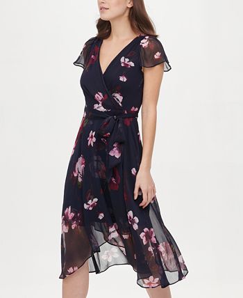 Blusa midi DKNY feminina com manga esvoaçante e decote em V, azul, tamanho 14