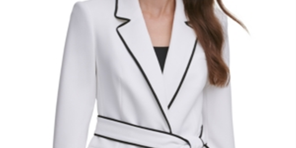 Blazer feminino DKNY com cinto e acabamento contrastante, branco, tamanho 12