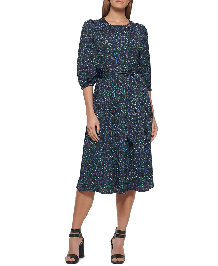 Vestido midi feminino DKNY com estampa floral, preto, tamanho 14
