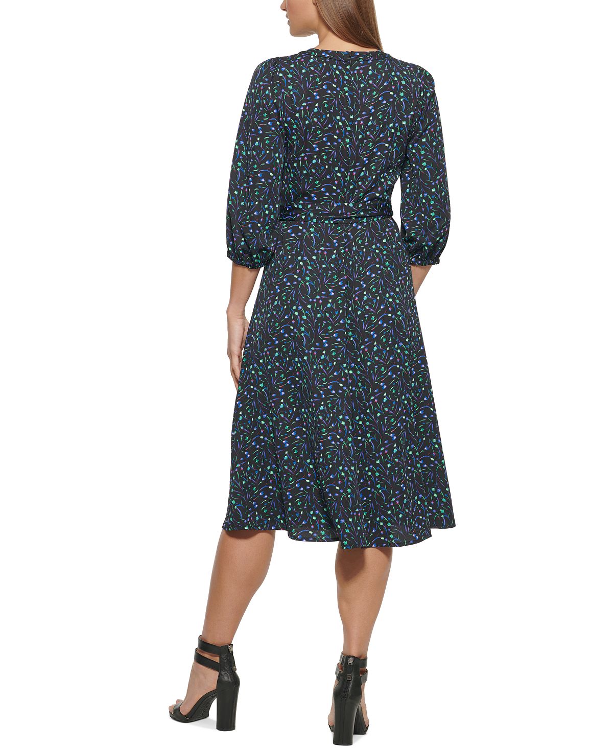 Vestido midi feminino DKNY com estampa floral, preto, tamanho 14