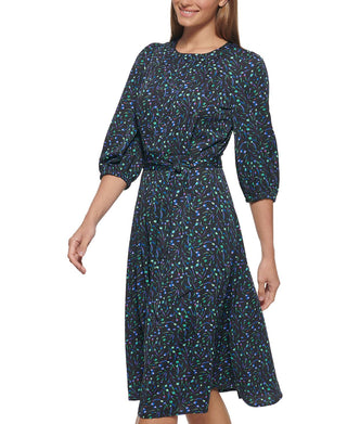 Vestido midi feminino DKNY com estampa floral, preto, tamanho 14