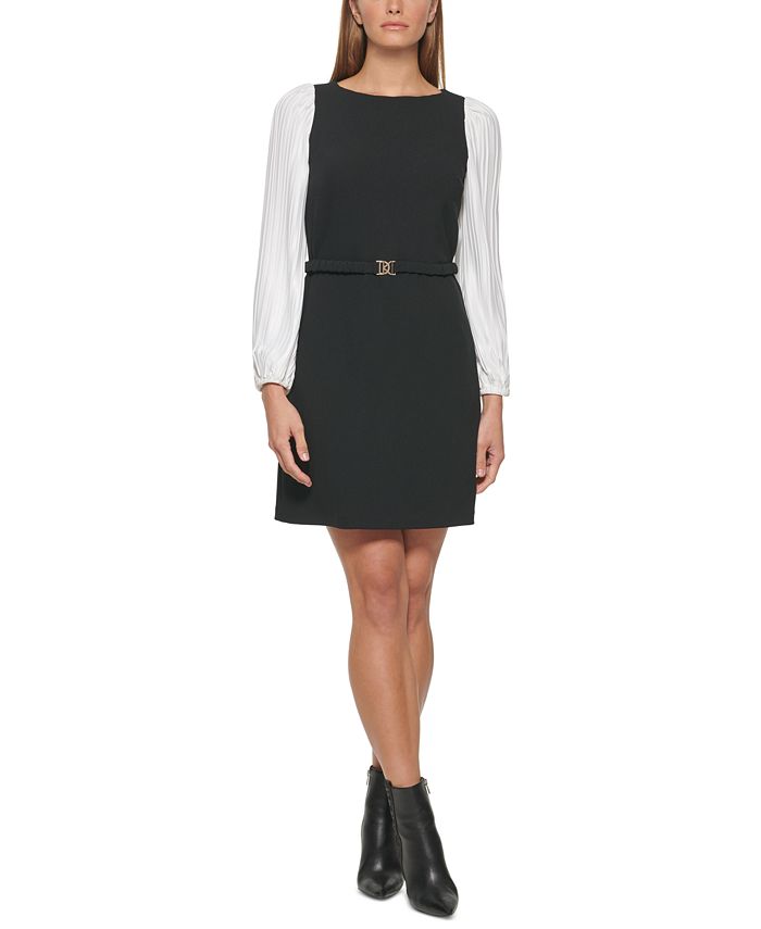 Vestido feminino DKNY com manga plissada e ajuste evasê, preto, tamanho 6