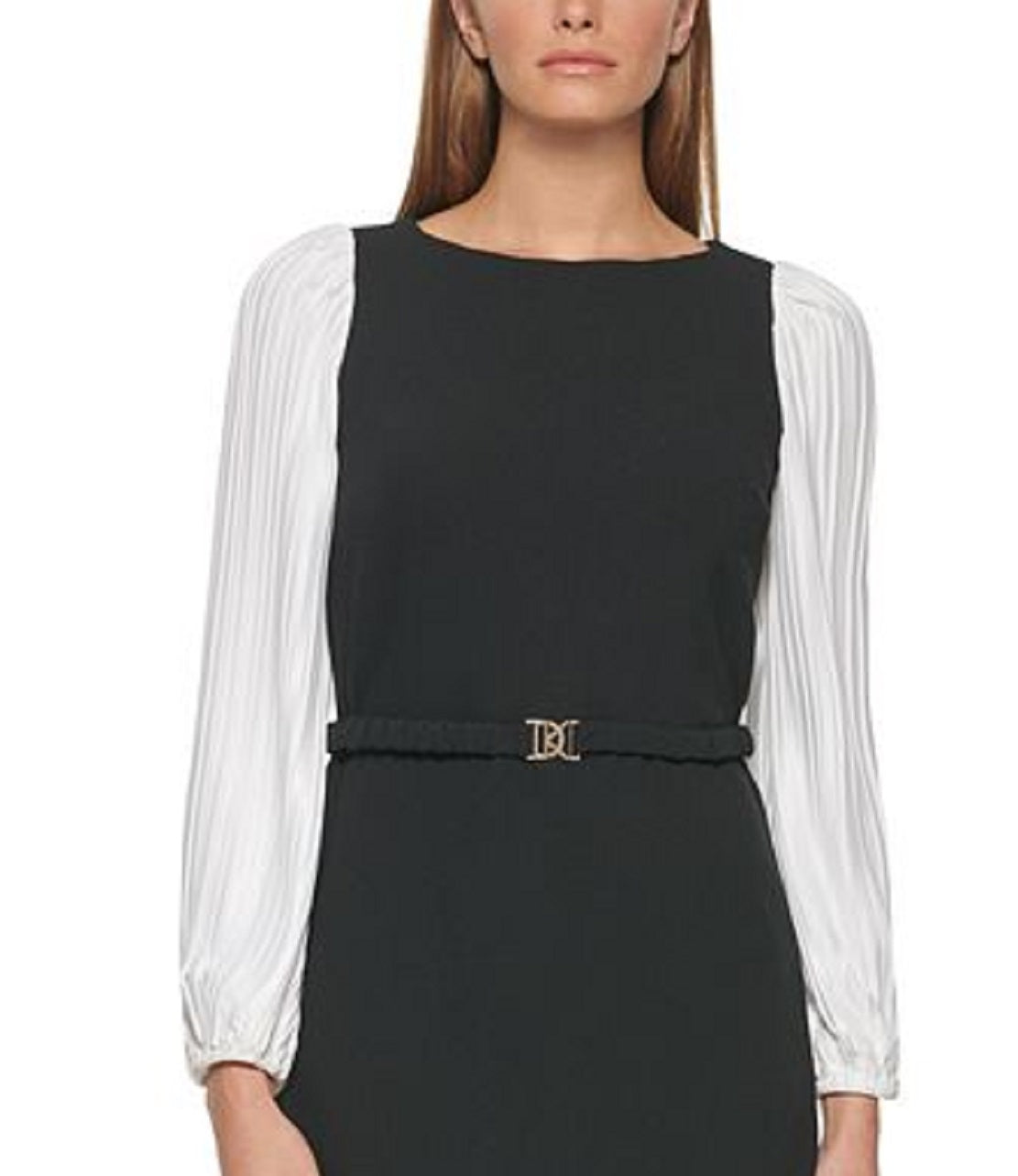 Vestido feminino DKNY com manga plissada e ajuste evasê, preto, tamanho 6