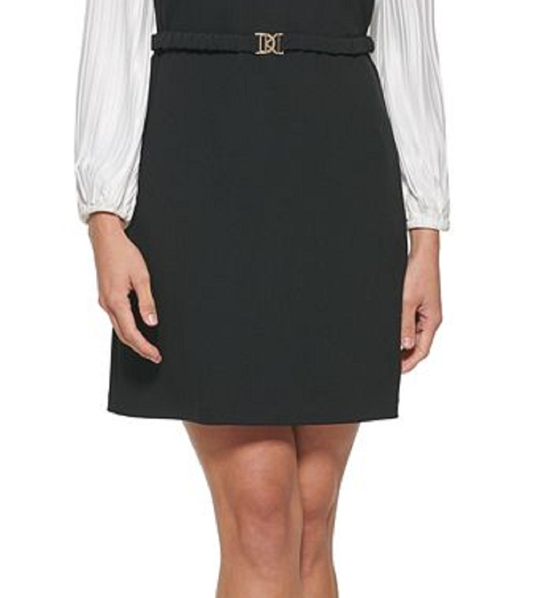 Vestido feminino DKNY com manga plissada e ajuste evasê, preto, tamanho 6