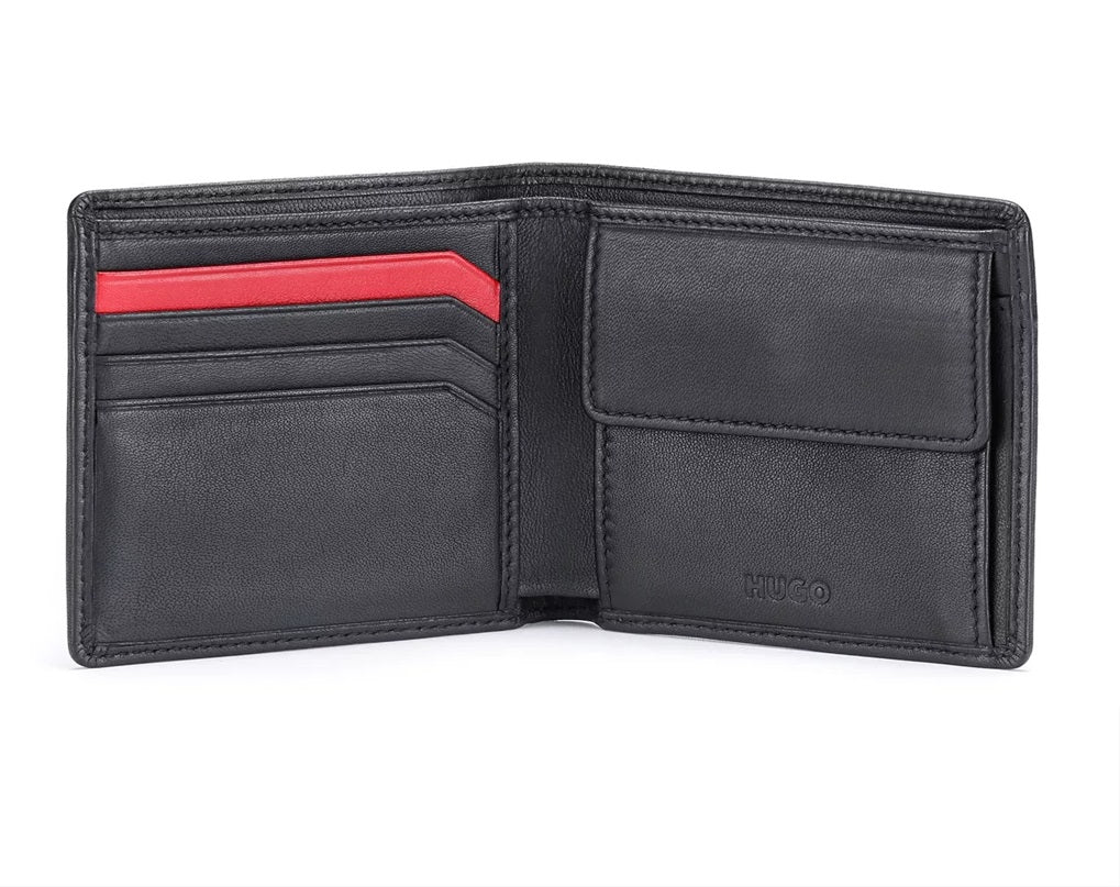 Carteira de couro com logotipo do metrô Hugo Boss masculina, preta, tamanho regular