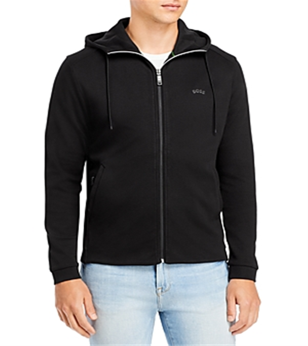 Hugo Boss Moletom com capuz masculino com zíper completo, preto, tamanho médio