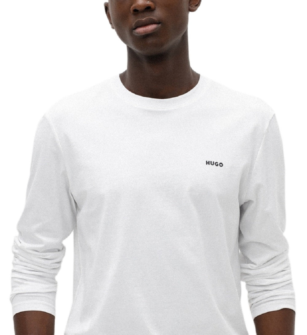 Camiseta masculina Hugo Boss Derol com estampa de logotipo, manga comprida, branca, tamanho médio