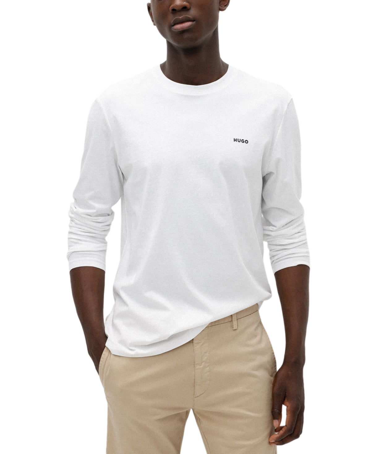 Camiseta masculina Hugo Boss Derol com estampa de logotipo, manga comprida, branca, tamanho médio