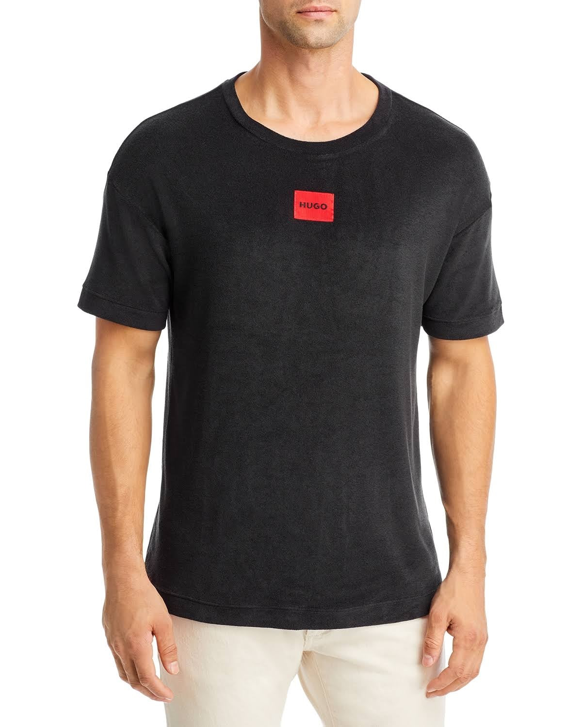 Camiseta masculina Hugo Boss Terry Me com logo patch, preta, tamanho médio