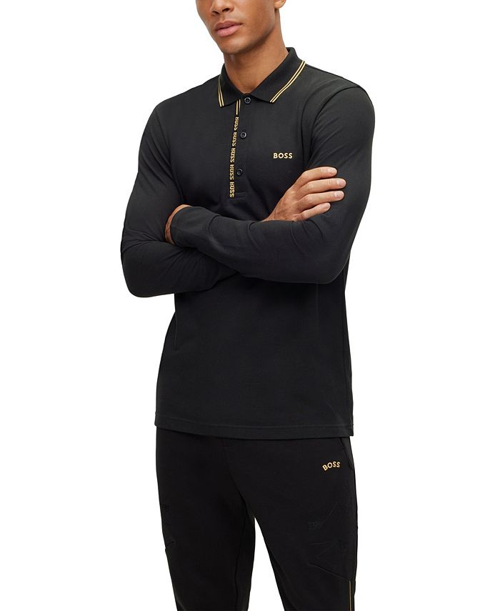 Camisa polo masculina Hugo Boss com detalhes do logotipo, manga comprida, corte slim, preta, tamanho médio