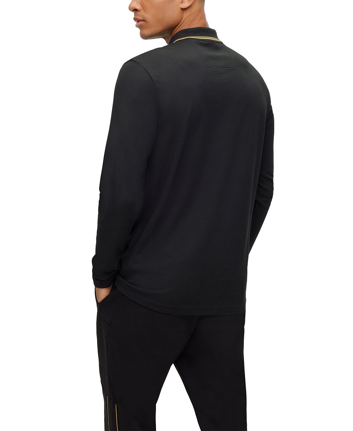 Camisa polo masculina Hugo Boss com detalhes do logotipo, manga comprida, corte slim, preta, tamanho médio