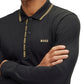 Camisa polo masculina Hugo Boss com detalhes do logotipo, manga comprida, corte slim, preta, tamanho médio