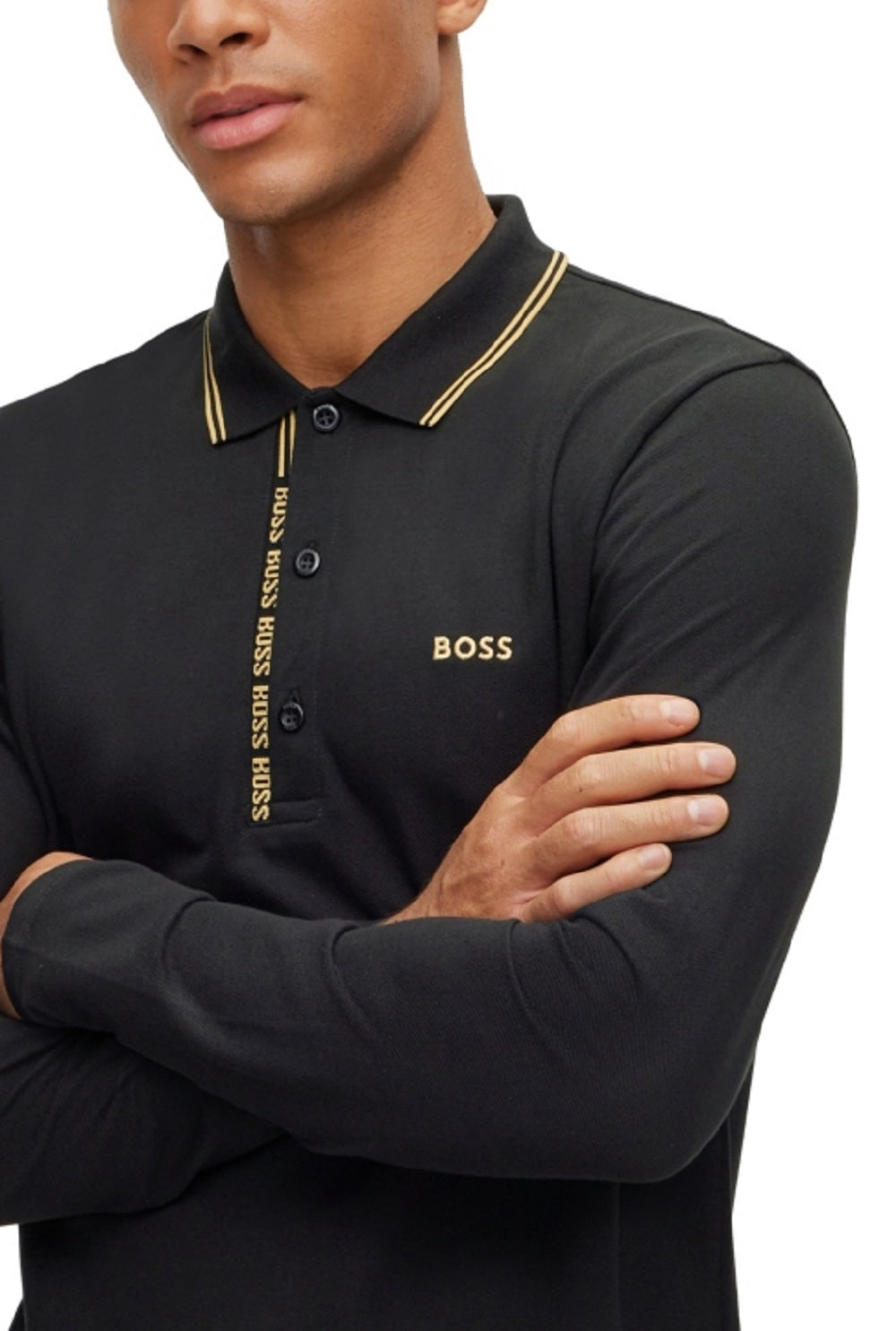 Camisa polo masculina Hugo Boss com detalhes do logotipo, manga comprida, corte slim, preta, tamanho médio