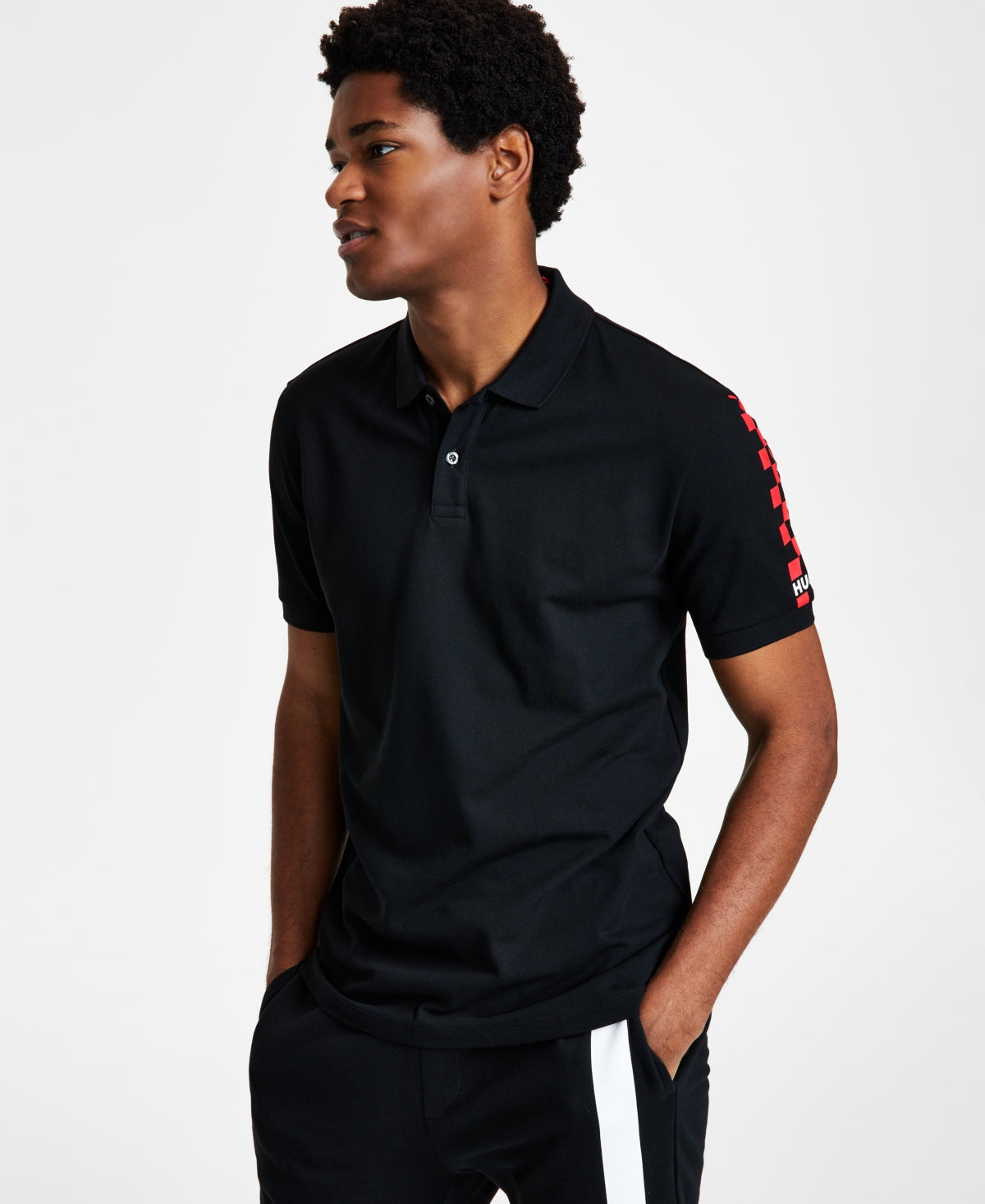 Camisa polo masculina Hugo Boss Dovember Classic Fit com estampa de logotipo xadrez, preta, tamanho extragrande