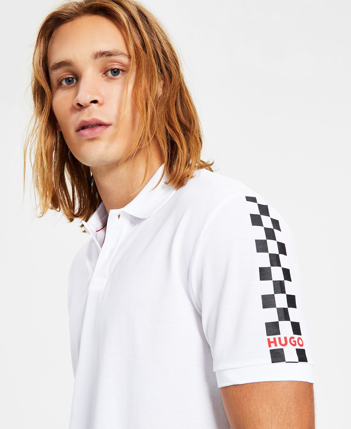 Camisa polo masculina Hugo Boss Dovember Classic Fit com estampa de logotipo xadrez, branca, tamanho grande