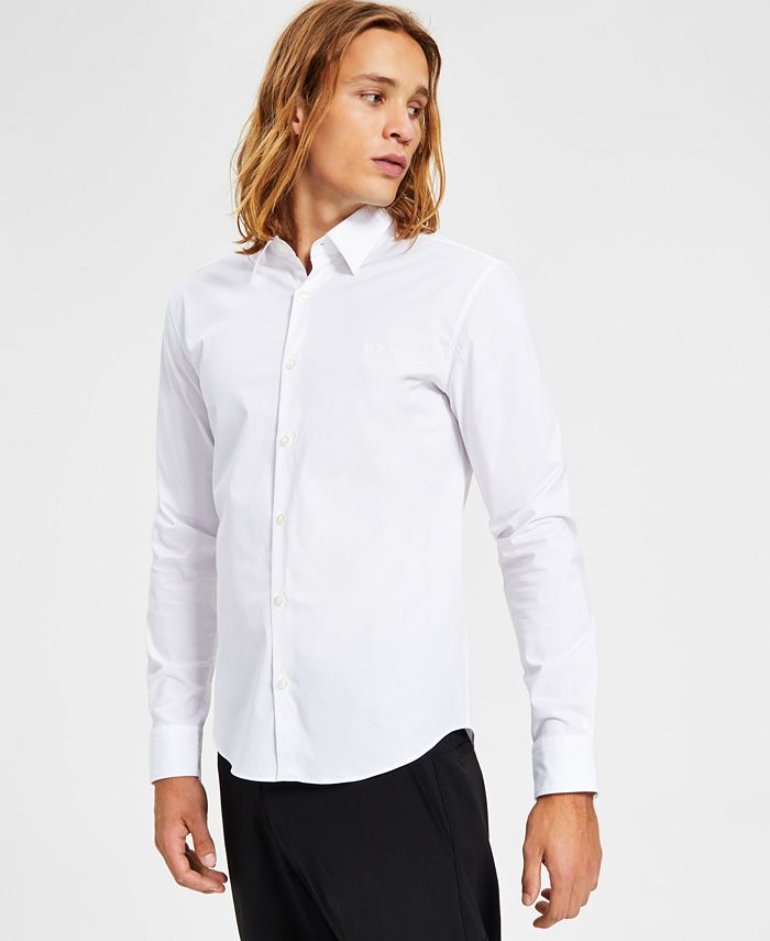 Camisa masculina Hugo Boss Slim Fit com logotipo bordado em tons e botões, branca, tamanho médio