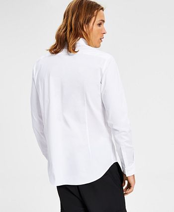 Camisa masculina Hugo Boss Slim Fit com logotipo bordado em tons e botões, branca, tamanho médio