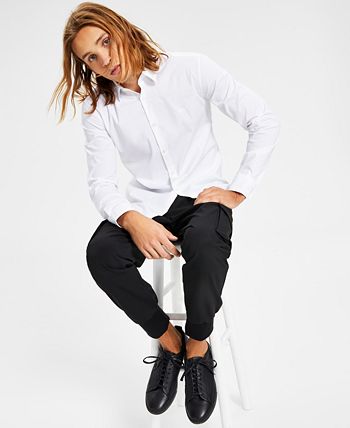 Camisa masculina Hugo Boss Slim Fit com logotipo bordado em tons e botões, branca, tamanho médio