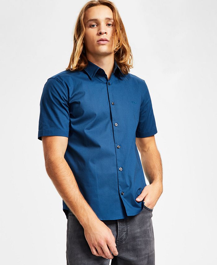 Camisa masculina Hugo Boss Slim Fit com logotipo bordado em tons, azul, tamanho médio