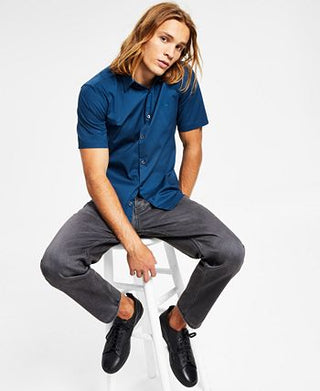 Hugo Boss Men's Slim Fit Tonal Embroidered Logo Button Down Shirt Blue Size Medium