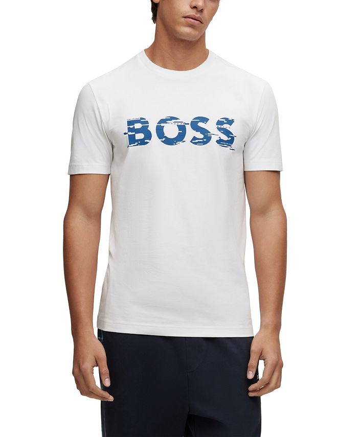 Camiseta masculina Hugo Boss de algodão elástico com estampa de logotipo gráfico, branca, tamanho médio